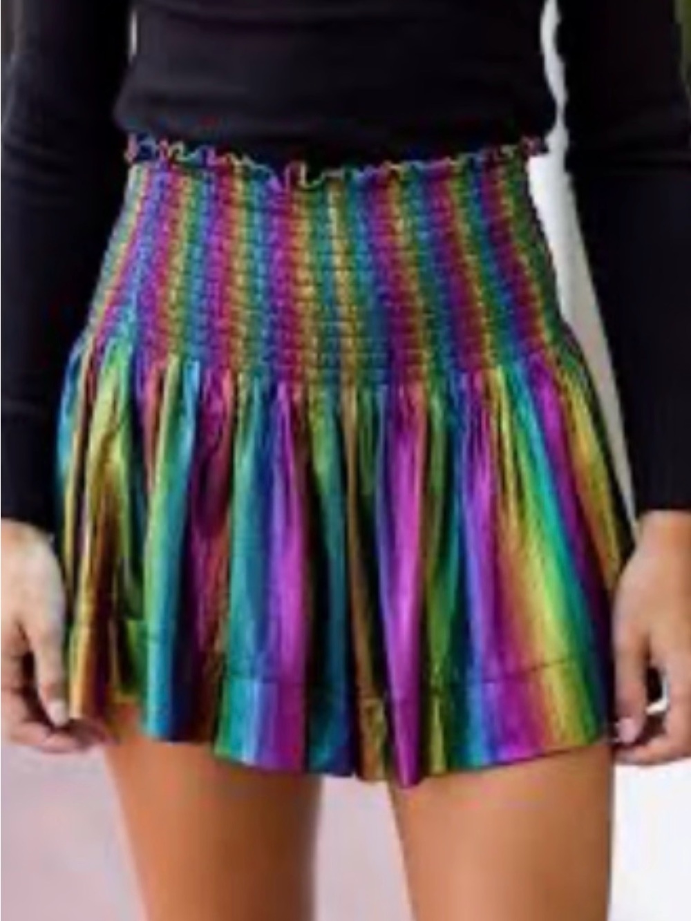 QUEEN OF SPARKLES Rainbow Metallic Smocked Waist Shorts